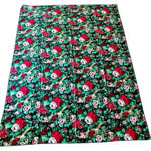 Vintage Christmas Tablecloth vivid red pink roses greenery & gold ribbons print
